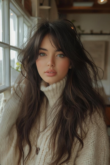 20 year old woman with long black hair takes a selfiie in a modern interior near the window