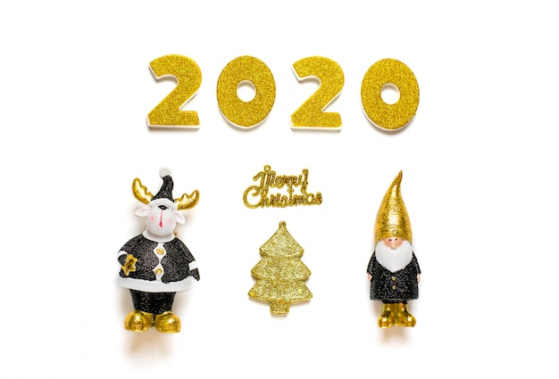 2020 numbers decorated with gold sparkle, elf, deer in black, golden color isolated on white background.