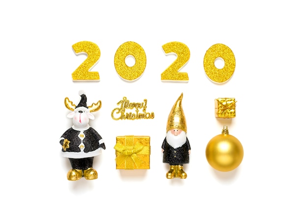 2020 numbers decorated with sparkle, elf, deer, bauble in black, golden color isolated on white background. Happy New Year, Merry Christmas concept