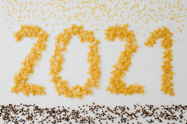 2021 new year made of macaroni with decorative elements