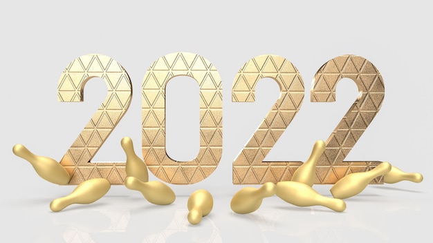 The 2022 and gold pin bowling for business or holiday concept 3d rendering