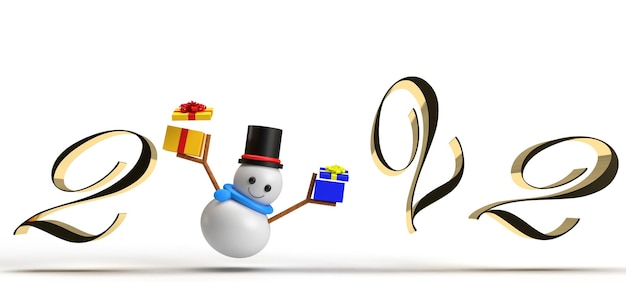 2022 golden number snowman smile character white jump funny hat black decoration ornament merry christmas happy new year holiday vacation celebration festival party december winter season3d render