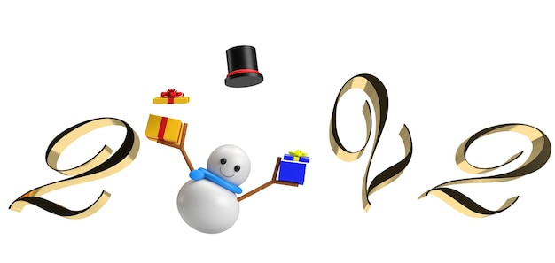 2022 golden number snowman smile character white jump funny hat black decoration ornament merry christmas happy new year holiday vacation celebration festival party december winter season3d render