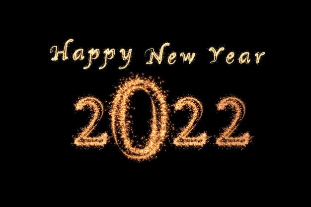 2022 and Happy New Year written with Sparkle firework on dark background