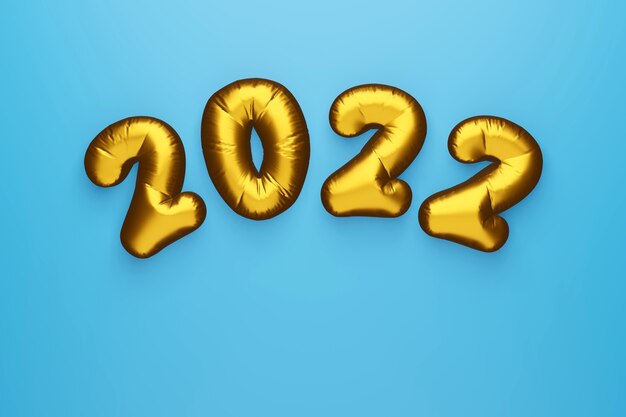 2022 text effect 3d numbers on blue background Golden inflatable foil balloonsMerry Xmas 3d render