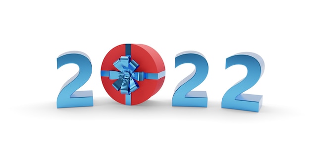 2022 text with gift box in three dimensions. New year concept.