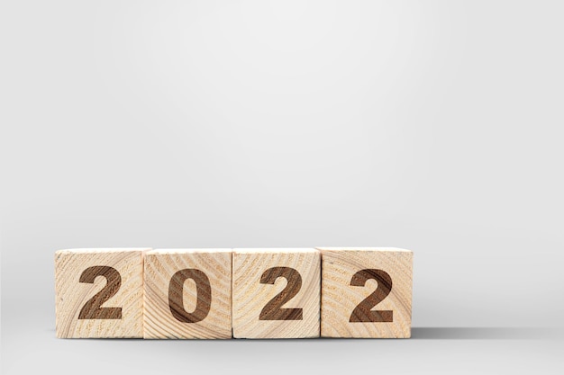 2022 on the wooden cube. Happy New Year 2022