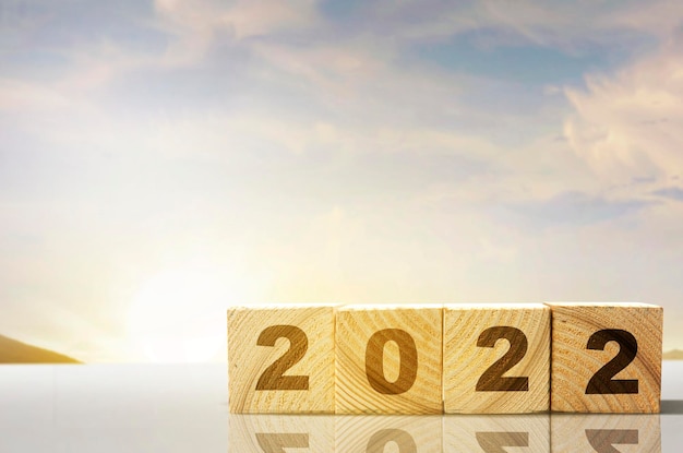 2022 on the wooden cube. Happy New Year 2022