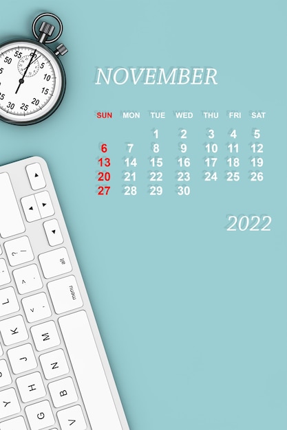 2022 year calendar November calendar 3d Rendering