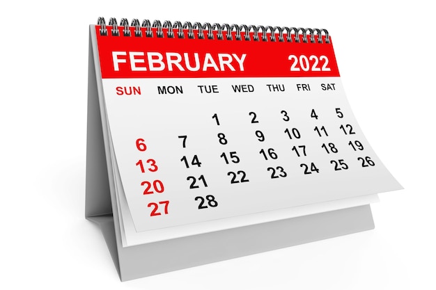 2022 Year February Calendar on a white background. 3d rendering