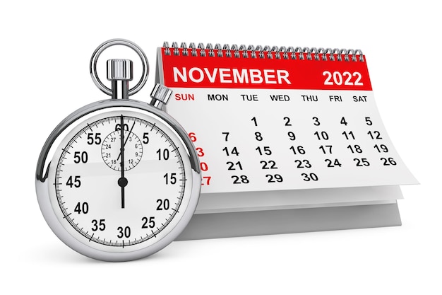 2022 Year November Calendar with Stopwatch 3d rendering