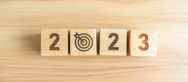 2023 block with dartboard icon Goal Target Resolution strategy plan Action mission motivation and New Year start concepts