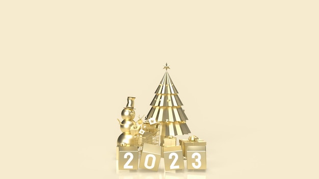 The 2023 gold cube and Christmas tree for advertising concept 3d rendering