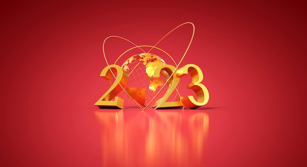 2023 golden with golden Earth on red background