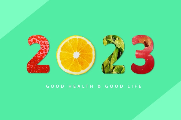 2023 Happy New Year for healthcare Fruit and vegetables which make 2023 number