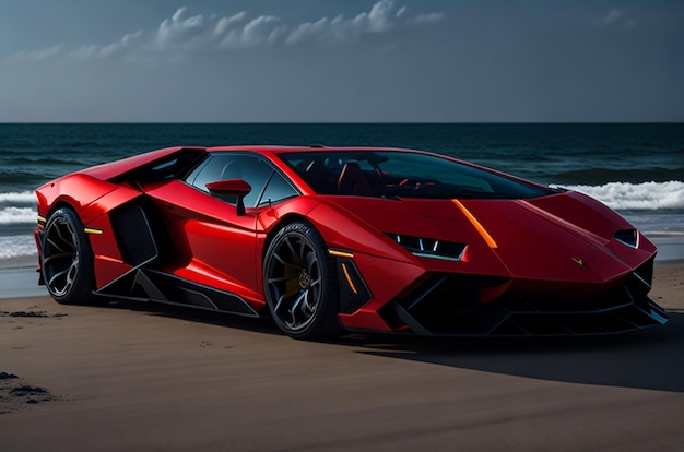 Photo 2023 lamborghini on the seaside with full body and red color