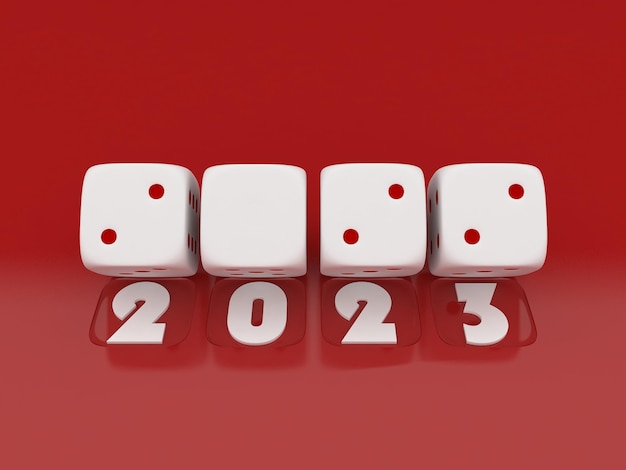 2023 Merry Christmas and Happy New Year 3d rendering of white dice on red background