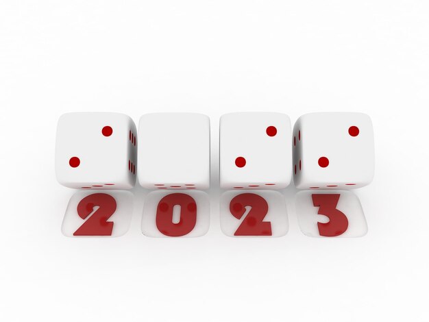 2023 Merry Christmas and Happy New Year 3d rendering of white dice on white background