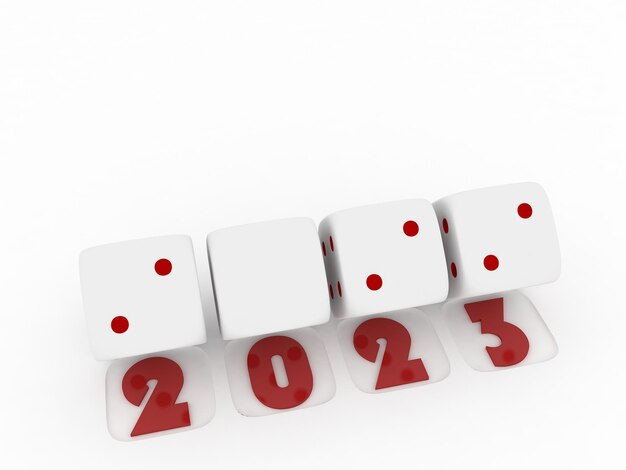 2023 Merry Christmas and Happy New Year 3d rendering of white dice on white background