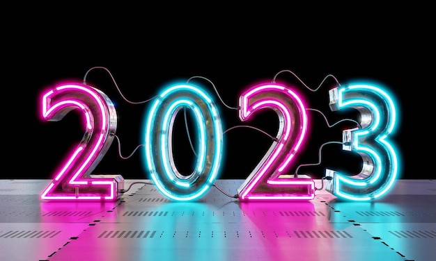 2023 neon lighting on metallic floor background Technology and Abstract wallpaper concept Happy new year theme 3d illustration rendering