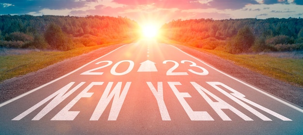 2023 new year road Empty asphalt road and New year 2023 concept New year 2023 on asphalt highway business strategy opportunity hope and new life change