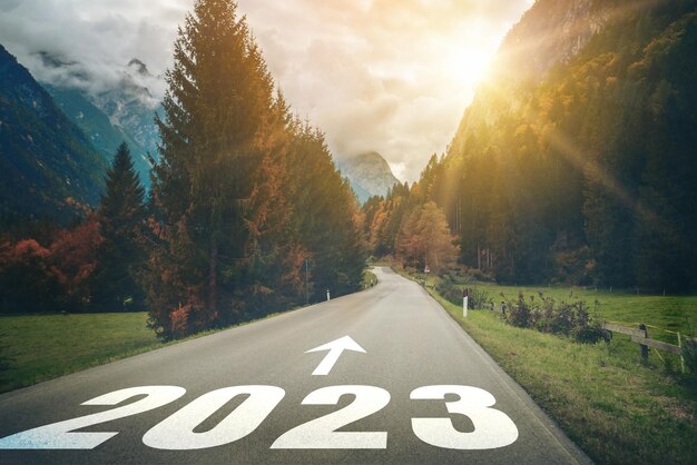 2023 New Year road trip travel and future vision concept