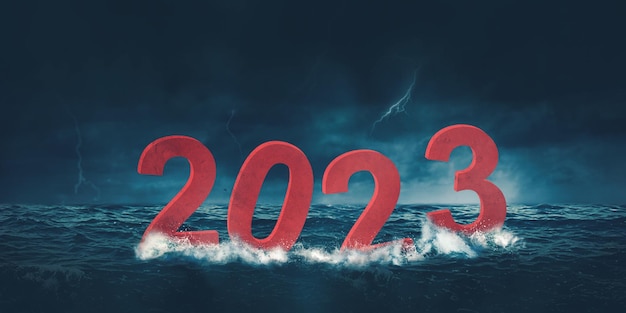 2023 number floating on the sea with storm sky