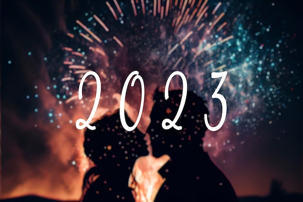 2023 text and silhouette of a couple with new year's fireworks in the background