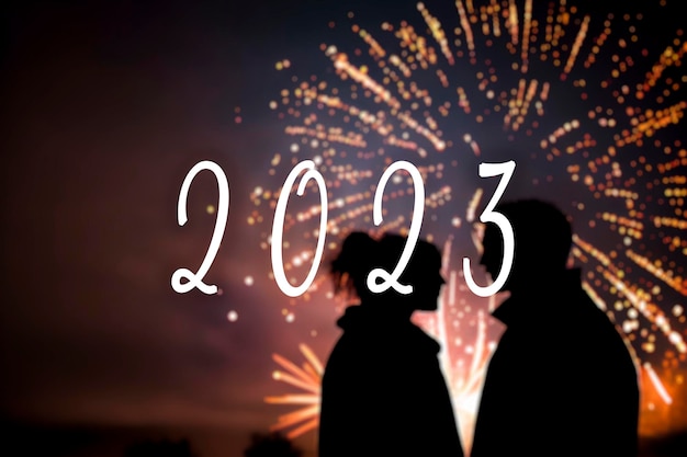 2023 text and silhouette of a couple with new year's fireworks in the background