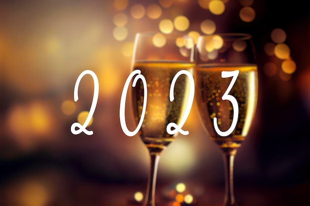 Photo 2023 text and two champagne glasses with a blurred golden bokeh lights in background