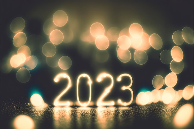 2023 with blurry lights in the background