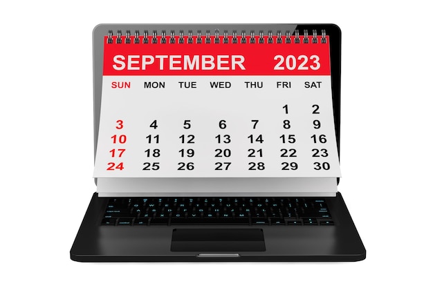 2023 year calendar September calendar over laptop screen on a white background 3d rendering