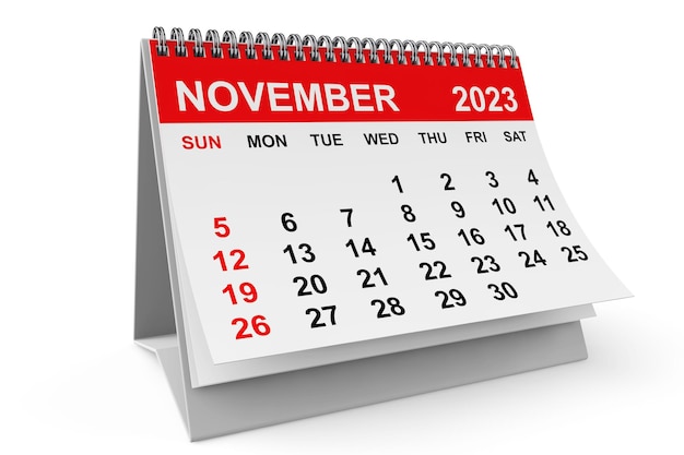 2023 Year November Calendar on a white background 3d rendering