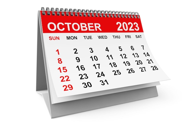 2023 Year October Calendar on a white background 3d rendering