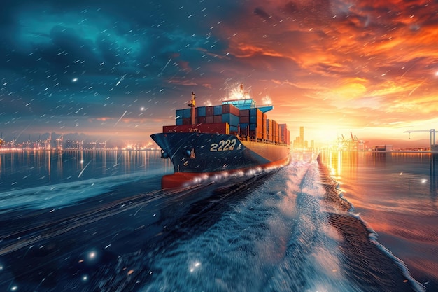 2024 cargo ship carrying containers using advanced technology moving forward to the new year