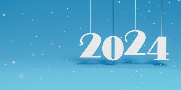 2024 happy new year 2024 numbers and snow on blue background White 3d text 2024 Start new year 2024 with plan goal action plan strategy new year business vision wide banner 3d illustration