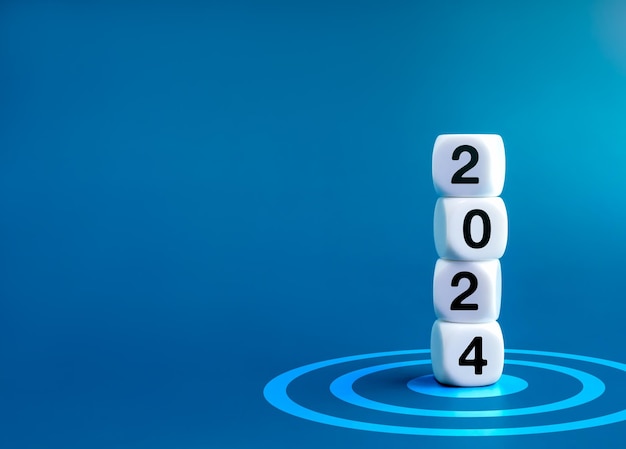 2024 Happy New year banner 2024 year numbers on white dice cube blocks stacked on target dart icon on blue background with copy space Start a growth business with goal and success concept