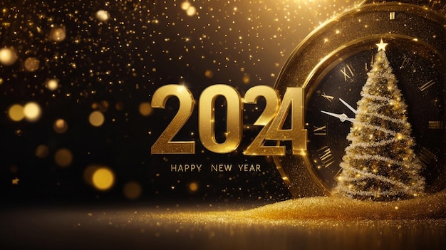 2024 Happy New Year clock countdown background Gold glitter shining in light with sparkles abstract celebration Greeting festive card vector illustration Merry holiday poster or