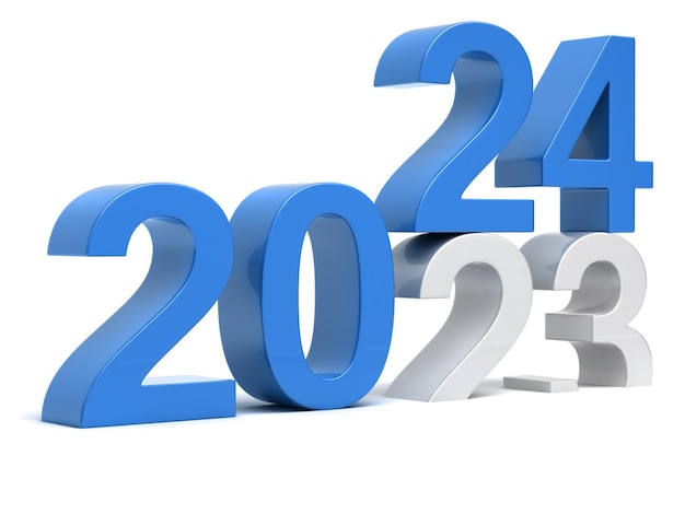 2024 New year change concept 3d blue digits isolated on white background 3D illustration