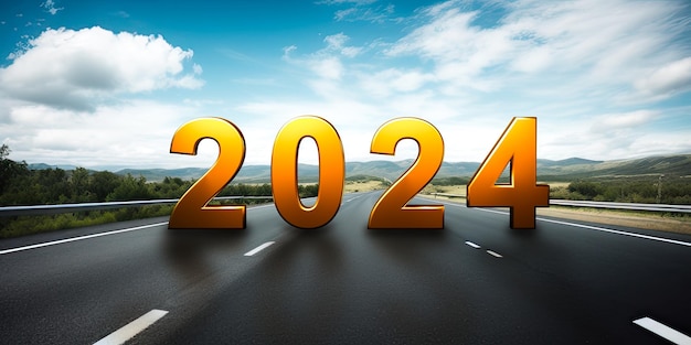 2024 New Year Empty asphalt road and New year 2024 concept Outlook for 2024 Moving forward in business career and life Driving on an empty highway to Goals 2024 with sunset