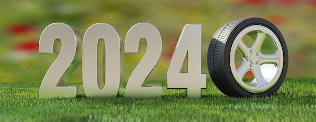 2024 New Year rim tire on alloy wheel white number on green grass blur background Banner 3d render