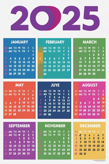 Photo 2025 calendar design clean colorful layout with bold month names easytoread dates and modern aesthetic