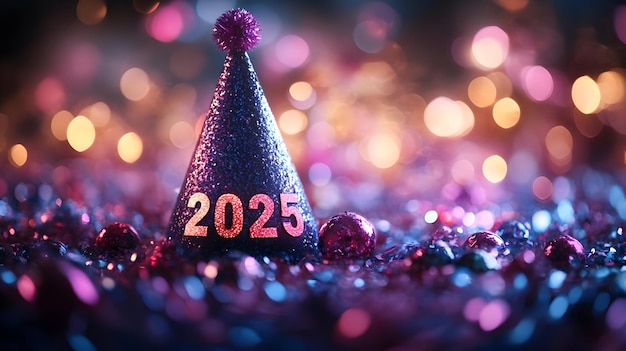 Photo 2025 party hat with glitter and bokeh background illustration