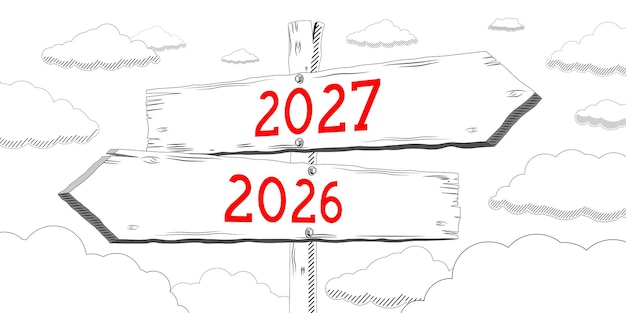 2026 and 2027 outline signpost with two arrows