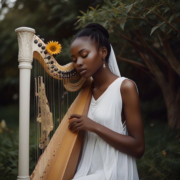 a 20yearold woman with dark skin is captured in a moment of serene trance as she gracefully plays