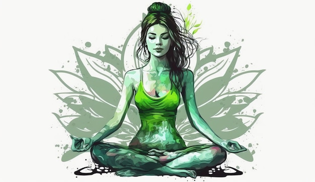 21 June international yoga day green woman in lotus yoga pose Generative ai