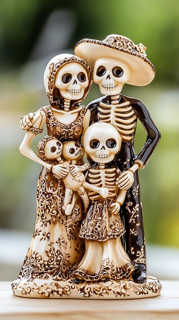 Photo 22 skeleton figurines posed in a humorous family scene