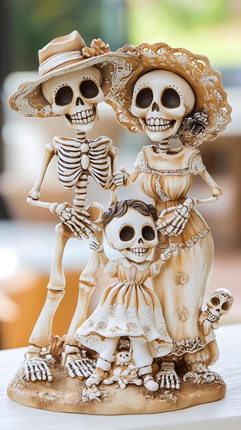 Photo 22 skeleton figurines posed in a humorous family scene