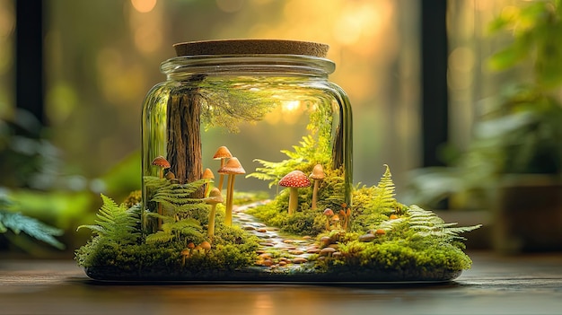 24 A detailed forest floor scene captured in a glass bottle featuring tiny ferns mushrooms and a small winding stream reflecting the light