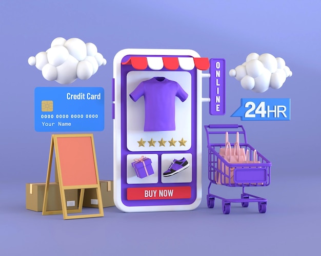 24 Hours shopping online 3d icon illustration